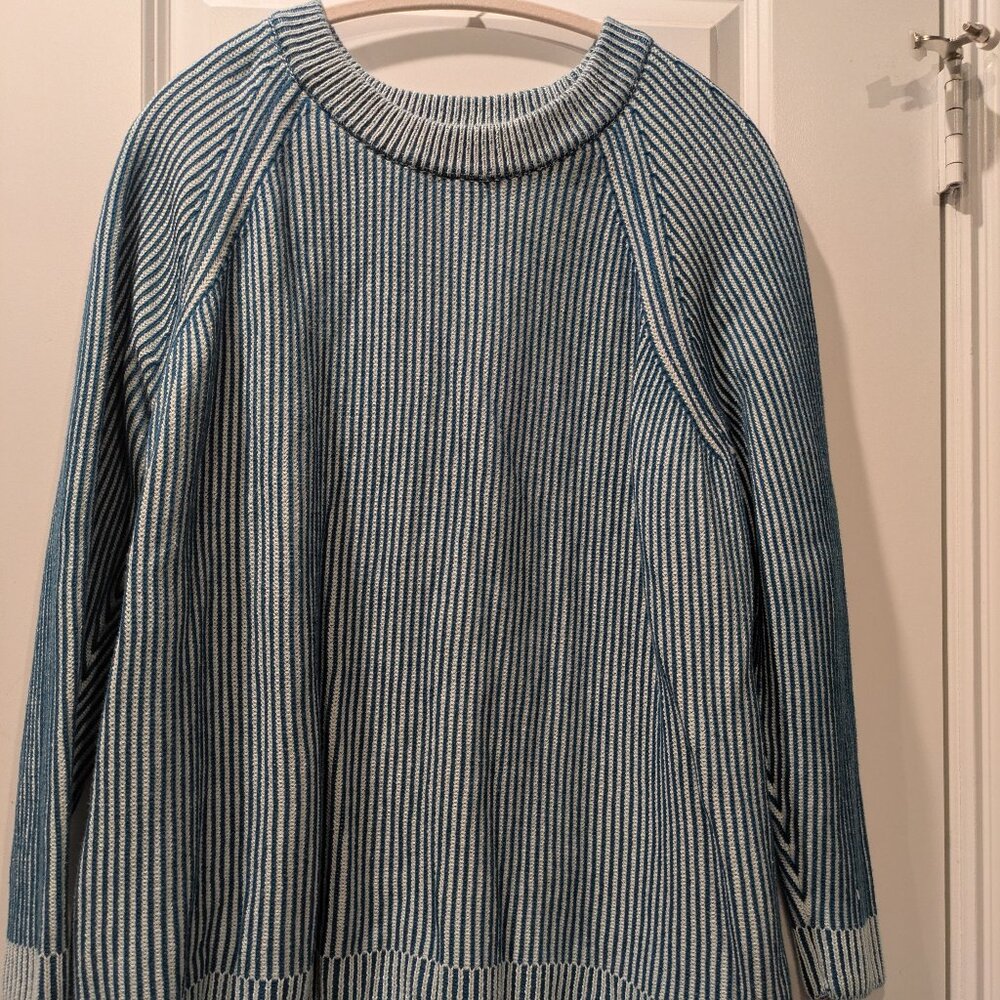 Lands’ End Drifter Striped Cotton Sweater Teal Blue XL